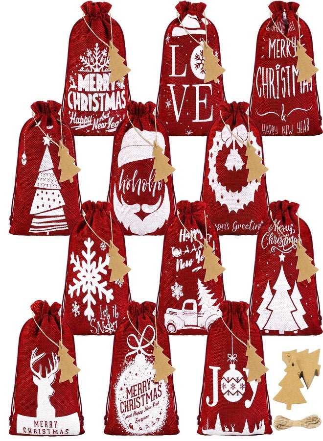 Mimind 24 Pack Christmas Linen Bags with Drawstrings - 7 x 5 Inch Burlap Gift Bags for Party Favor, 12 Designs, Wine Red - Image 1